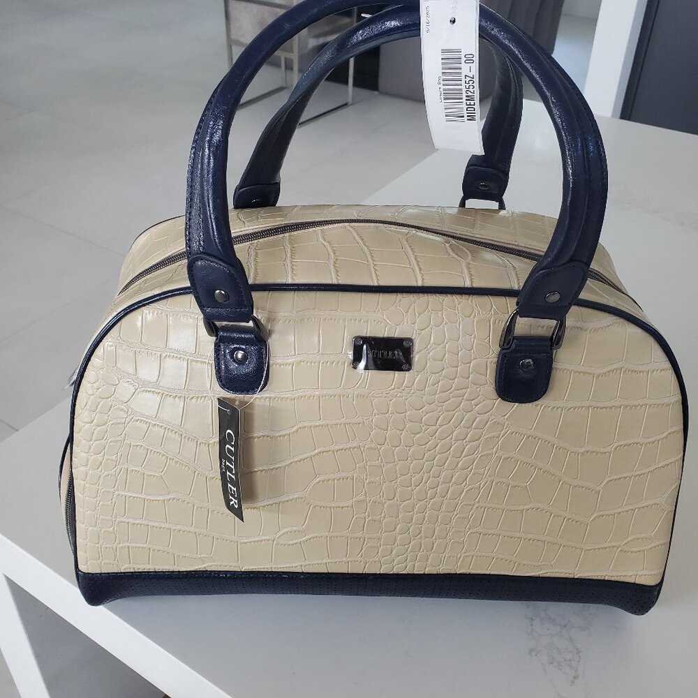 Cutler Cream & Navy Croc Embossed Travel  Bowling Bag Duffle Style Satchel Bag - Picture 3 of 15